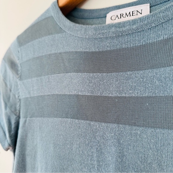Carmen Marc Valvo Sheer Stripe Dusty Blue Tee Size Small - Picture 4 of 6